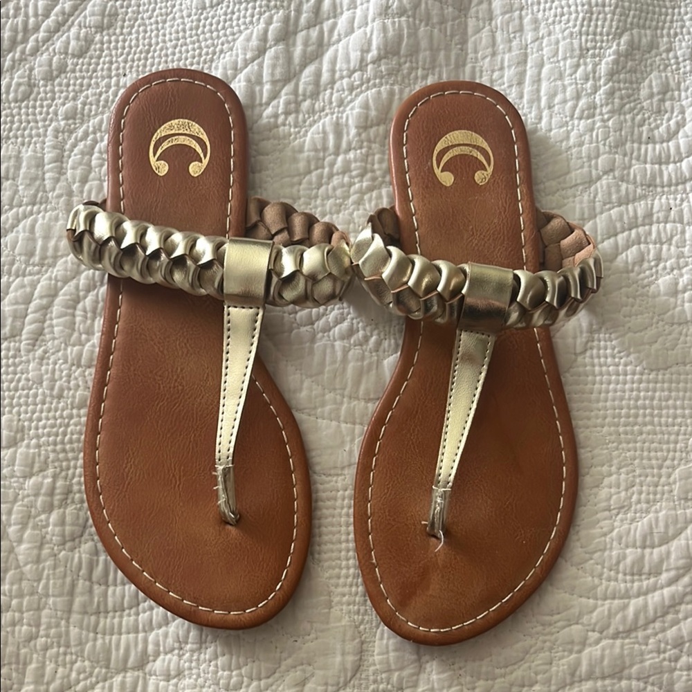 5/$25 Gold and Brown Sandals with Decorative T-Strap
